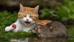 laughing cat in the water playing with mouse