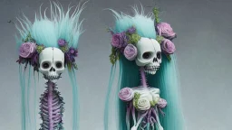 Partially skeletonized troll doll in ceremonial dress for getting married with plants growing from the top of her head; Alex Pardee; surrealism