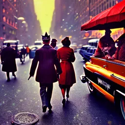 Picture 1950's street life, people, New York, very blurry, abstractism, colours, strong texture, 3d