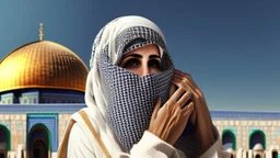 A woman wearing a keffiyeh holds the Dome of the Rock in her hands