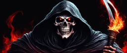 ultra high image quality, hell infused Grim Reaper Close-up of an set against AMOLED-worthy pure black backdrop, fantasy art style infused with filter, tailored for vertical wallpaper, exclusive design with no duplicates, radiating beauty suitable for a PC screen image, vivid colors, ultra fine, digital painting.