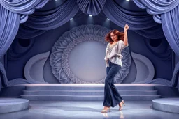 modern stage with gray-blue theme artistic decoration , color full dynamic lighting, a beautiful lady in pants and blouse with shining silver jewels dancing, 3D recursive fractal structure animating background