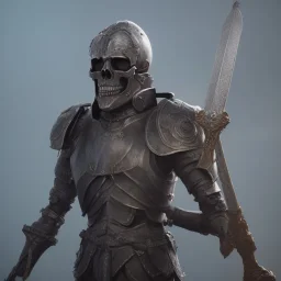 Skull headed knight with armor, big sword, standing still, smoke, realistic, 4K, High Definition, Centered