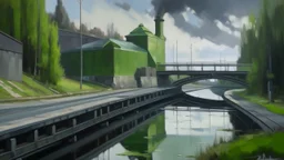 Oil painting, river power plant with a bright, reflective sheet metal roof, inspection opening visible, alongside a busy road with passing vehicles, sophisticated muted-green color scheme, dramatic dutch light, creative, extremely detailed brush stroke