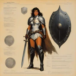 ConceptSheet: woman paladin and her shield with AD&D statistics [by frank frazetta]