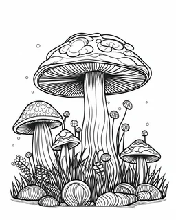 mushroom world minimalistic landscape. line art, background, vector, svg, coloring book page style, black outline on white background