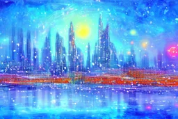 Science fiction city near frozen lake, impressionism painting