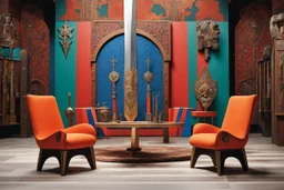 (design by Mario Bellini, 1970) magine an armory filled with items that scream historical allure and quirky style. The sword with bold geometric engravings steals the spotlight, proudly displayed alongside a shield adorned with psychedelic patterns. Take a seat on the shaggy, vibrant-toned chairs for a moment of respite amidst the weapon display. The sleek, angular weapon racks showcase relics from ancient battles, while the fiery-colored torches cast a warm glow over the arsenal, their intrica
