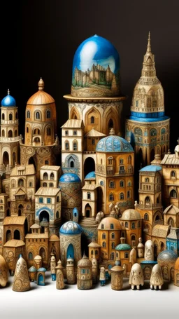 A tan prehistoric town with a construction zone designed in Matryoshka dolls painted by Edouard Manet