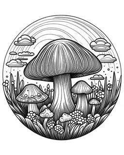 mushroom world minimalistic landscape. line art, background, vector, svg, coloring book page style, black outline on white background