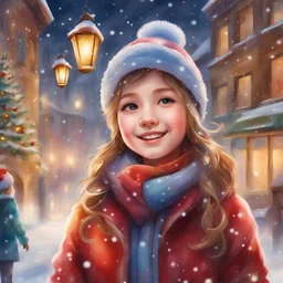 In a winter wonderland adorned with sparkling snowflakes, there stands a beautiful Christmas girl, radiating joy and warmth with a smile that lights up the whole season. Masterpiece, best quality, colorful, vibrant colors, children's illustration, Anime, watercolor, oil painting, high detailed, high quality, 4k