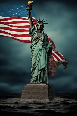 the statue of liberty, dress dirty and torn, her face solemn and terse, trash littered at her feet, she holds a crumpled american flag as she walks away, back to the viewer, under a dark and dreary sky