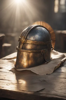 The Roman centurion's helmet lies on an old cracked wooden table. Next to the helmet, on the table, lies a cross on a string and a scroll of parchment. A ray of sunlight reflects off the helmet. All around is the entourage of ancient Rome. High quality image in 8K