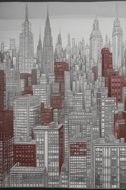 Fine lines draw of a dream city , nyc building , gray and only one building painted dark red