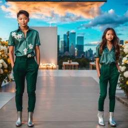 fullbody shot of girl wearing a dark green-silver blouse pants with pretty boots and a boy with causal clothing in modern ,flowers ,pretty clouds in blue sky,city escape.