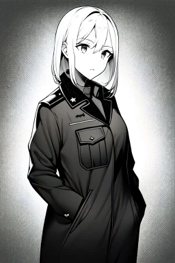 military girl puts her hand in her pocket to take something, greyscale