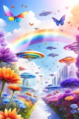 colors, very beautiful, flowers garden,rainbow, cité très futuriste ultra moderne, ufos rainbow, ufos fleet, intergalactic, birds, butterfly