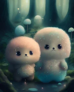 Two fuzzy fluffy boys in the forest with big cute heads, small body. Fox tails and ears. Brown pants. Big sparkly monster eyes. Soft baby pastel colours. Fuzzy and hairy. Sparkles around. underwater colours. sparkles. Soft toys. Happy. Mushrooms around and moss.