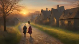 Romantic man and woman arm-in-arm, walking close together through a lonely rural village at sunset, beautiful composition, lovely colors, 1640, romantic, engaging, loving, style John Atkinson Grimshaw, Ultra Realism, Complex Details, Intricate Details, 16k, HDR, High Quality, Trending On Artstation, Sharp Focus, Studio Photo, Intricate Details, Highly Detailed