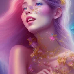 fairy, pink, blue, beautiful, happy smile, gold, jewels, hyperrealism, masterpiece, expert, cinematic lighting, sharp focus, 8K, pastel, macro lens, woman, detailed, flower