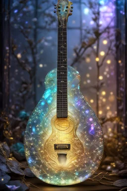 extremely delicate iridescent Guitar made of glass, sitting, video game style, translucent, tiny golden accents, beautifully and intricately detailed, ethereal glow, whimsical, art by Mschiffer, best quality, glass art, magical holographic glow\\n, Broken Glass effect, no background, stunning