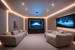 a dedicated home cinema room with LED ambient lighting in the walls