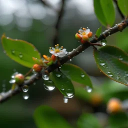 A tree branch with some leaves and flowers on which some dew drops have collected