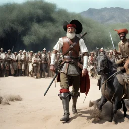 [high res photo by Gilligans Island] Don Quixote smiles, ready to fight, in dust, rust and blood, his body is covered with cartridge belts