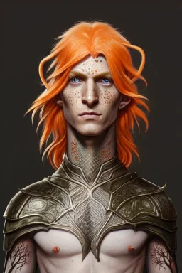 portrait painting of an elven young man with short light orange hair and freckles and tree tattoos on his cheekbones light armor, full body, ultra realistic, concept art, intricate details, eerie, highly detailed, photorealistic, octane render, 8 k, unreal engine. art by artgerm and greg rutkowski and charlie bowater and magali villeneuve and alphonse mucha