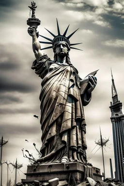 the statue of liberty, dress dirty and torn, her face solemn and terse, her head hanging in defeat, trash littered at her feet, the american flag crumpled and ripped in a pile, the skyline dark and grungy