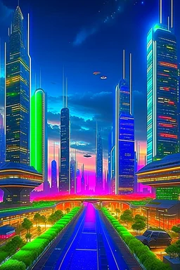 Create a vibrant and bustling metropolis of the future, where advanced technology meets architectural wonders. The city should exude a sense of energy, progress, and innovation. Incorporate towering skyscrapers with sleek designs, illuminated with neon lights and holographic displays. Populate the cityscape with flying vehicles, bustling crowds, and hints of greenery seamlessly integrated into the urban environment. Let the colors be bold and vibrant, 1400x240 pixels