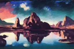 lake, lake reflection, mountains, rocks, sand, desert, space, vegetation, distant mountains, edouard manet and lesser ury painting
