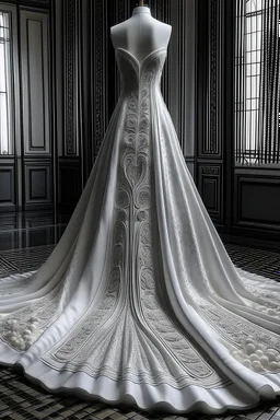 A very luxurious white wedding dress exposed from above made of leather engraved with very long