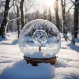 Frozen bubble in front of a snowy landscape, the bubble has wonderful icecrystals and the sun is shining, frozen, cold outside, swirley golden and silver lines, beads and pearls cover a tre trunk in the background