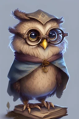 Northern Saw-whet Owlin Wizard from Dungeons and Dragons who is young, shy, and inexperienced. Wearing glasses, cute