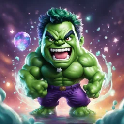 chibi cute caricature of Hulk as a 2020's clown, surrounded by will-o'-the-wisp, elegant, close wiew, dynamic pose, photorealistic rendering --ar 2:3 --stylize 500 --v 6