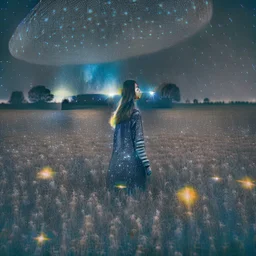 a young woman in field at night with lots of stars, looking at a UFO photo style