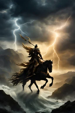 create a render: In the tumultuous heart of a stormy landscape, visualize a gallant assembly of warriors astride mythical creatures, their silhouettes cutting through the tempestuous winds. Picture the clash of lightning illuminating the fantastical scene as these riders navigate through the turbulence on the backs of majestic and otherworldly companions. Inspired by Jorge Jacinto's captivating style, evoke the dynamic interplay of elements, where the ethereal blend of warriors and mythical crea