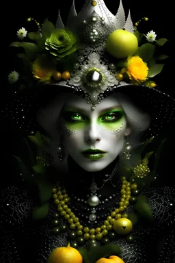 Beautiful silver and black and green witch woman portrait adorned with bioluminescense Halloween yellow white and green and black beads, pearls white dust pumpkin, frogs, spidere on the hat headdress, , wearing bronze autumn leaves textured black floral textured bioluminescense witch witch costume organic bio spinal ribbed detail of ornate bioluminescence bronze autumn white floral background extremely detailed hyperrealistic concept ar