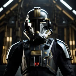 star wars bald male corellian pilot wearing gunmetal grey and black First Order TIE pilot armored flightsuit and helmet with gold trim inside the jedi temple, centered head and shoulders portrait, hyperdetailed, dynamic lighting, hyperdetailed background, 8k resolution, volumetric lighting, light skin, fully symmetric details