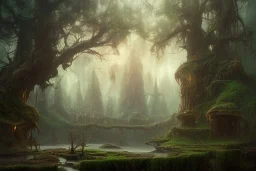 higly-detailed, epic landscape, highly detailed, perfect lighting, perfect composition, 4 k, artgerm, hudson river scool, victorian era, steampunk, big trees, forest, swamp, atmospheric perspective