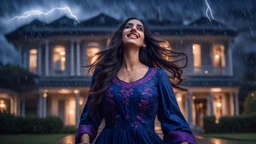 Hyper Realistic Photographic Low-Angle View Of A Beautiful Young Pashto Woman With Beautiful Eyes Lips & Nose (Wearing Beautiful Navy-Blue Frock With Purple Embroidery With Her Beautiful Long Black Hair Wet Hair In Air & Wet Happy Face) Happily Whirling & Smiling Outside A Fancy Navy-Blue Mansion Heavy Rainfall Night with Thunderstorm Showing Dramatic & Cinematic Ambiance.