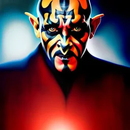 Ultra detailed fullbody Portrait in oil on canvas of Darth Maul ,extremely detailed digital painting,extremely detailed face,crystal clear Big eyes, mystical colors ,perfectly centered image, perfect composition, rim light, beautiful lighting,masterpiece,8k, stunning scene, raytracing, anatomically correct, in the style of Wizyakuza and robert e howard and InHyuk Lee and Ohrai Noriyoshi and Simon Bisley.