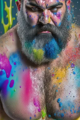 full body shot photography of a spanish burly bearded man 48 years old crossed arms, sweat wet muscular beefy, dirty tank top, swimwear, face with big drops of multicoloured paint, curly beard, big drops dripping, big ripples of multicoloured paint, big drops on the face, eye-to-eye, dripping multicolored paint, bullneck, long curly hair dripping, photorealistic, strong top light, ambient occlusion , view from the ground