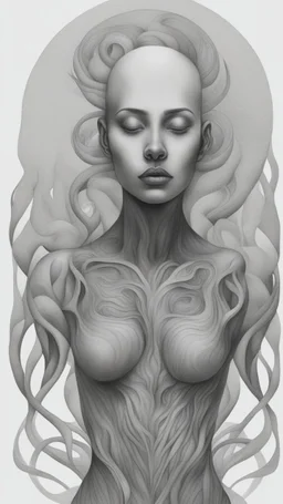 ππ§π€π’π₯π© highly detailed graphite illustration, A surreal a beautiful woman figure with exaggerated anatomical features, and an intense, contemplative expression. bald head, thick eyebrows, long beard merge into swirling abstract shapes. Large, expressive hands, one covering the mouth and the other gripping the forehead tensely. Mysterious, introspective, dreamlike, somewhat dark fantasy. #ππ§πart #prompt
