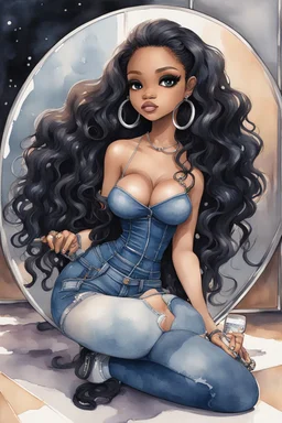 Create a futurism magna watercolor pain art of a black chibi curvy female sitting on the floor looking at herself in a hand mirror. She is wearing tight blue jeans and a black off the shoulder blouse. Prominent make up with lush lashes. Highly detailed long wavy hair. She is also wearing silver large hoop earringsart of a black chibi curvy female sitting on the floor looking at her cell phone. She is wearing tight blue jeans and a black off the shoulder blouse. Prominent make up with lush lashes