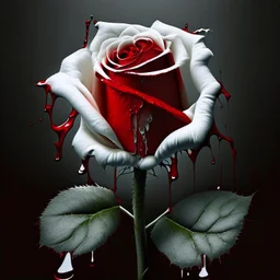 A white rose bleeding red blood from its stem