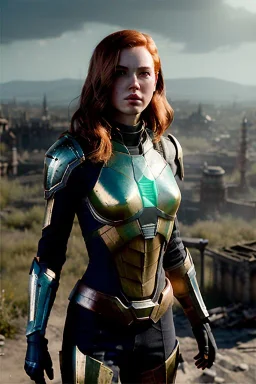 ultrarealistic, ruined city,__skimpy sci-fi armor__, __angles__, 18 year old woman, strikingly beautiful,ginger hair, _colour_, [__starlets__|__starlets__], (pale __skincolor__ skin:1.2), __camera__, _hair_, detailed face and eyes, medium breasts, leather choker, freckles, dynamic pose, resolved expression, __accessory__, strappy outfit, (straps:1.1), sword in scabard on left hip, (buckles, buttons, snaps, rings:1.0), haltertop style breastplate, detailed eyes, plump lips, sci-fi theme