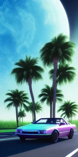 1980's aesthetic vaporwave palm trees with spheres and car