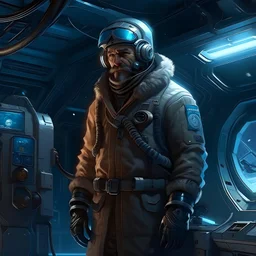 sci fi mechanic on space ship with ushanka standing